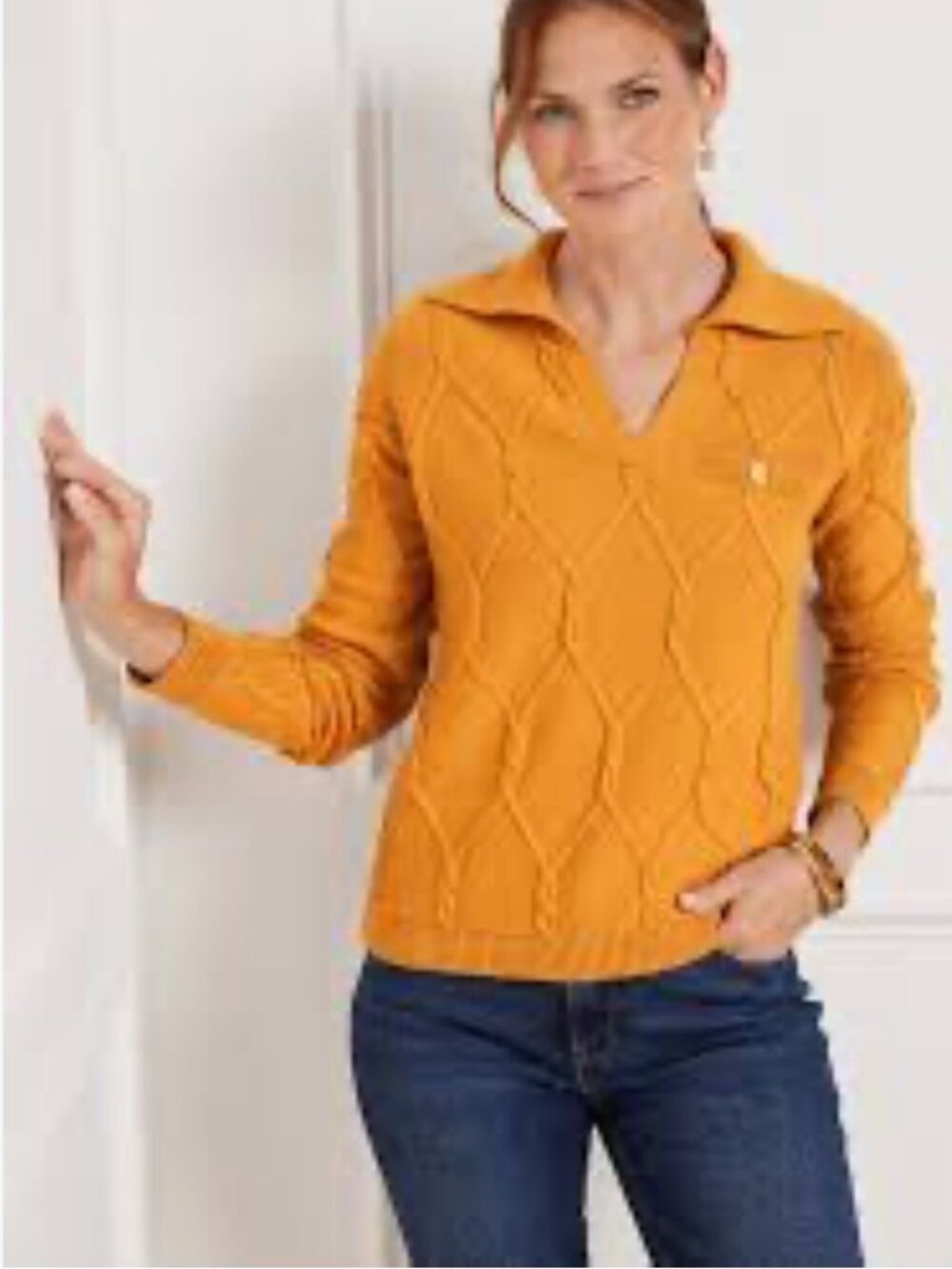 Talbots Lattice Cable Johnny Collar Sweater in the color "Golden Maize.